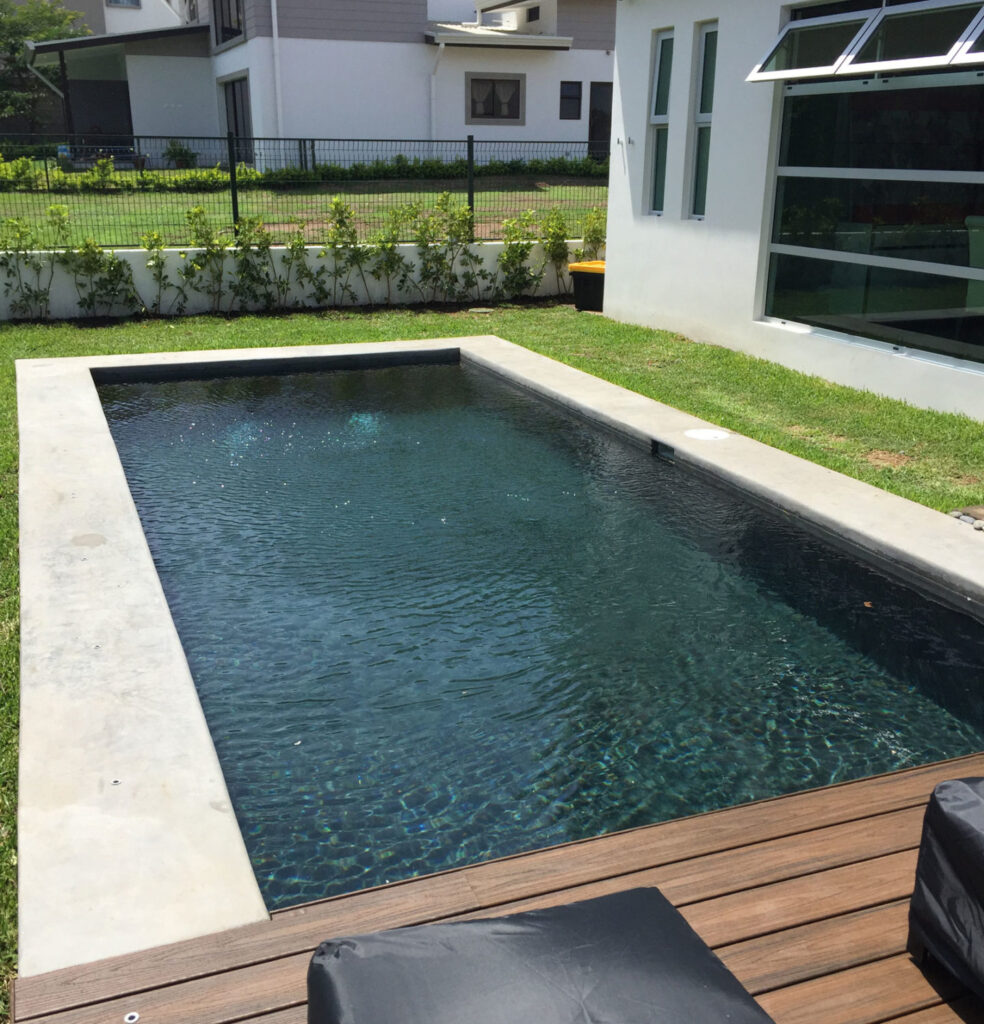 black bottom finish, within a sharp rectangular design, pool construction